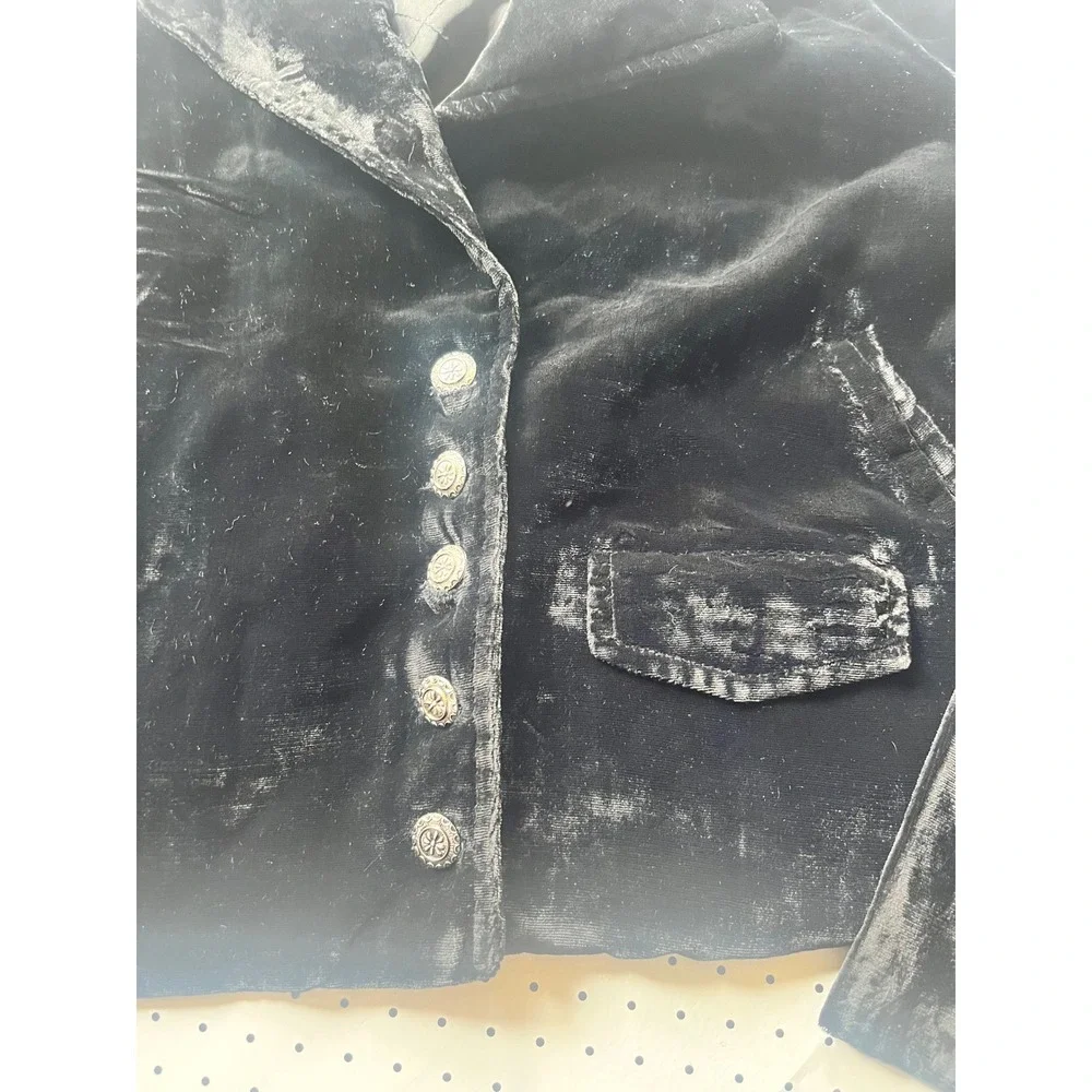 Vintage Anthropologie Black Velvet Blazer Women M Silver Button Cropped Jacket